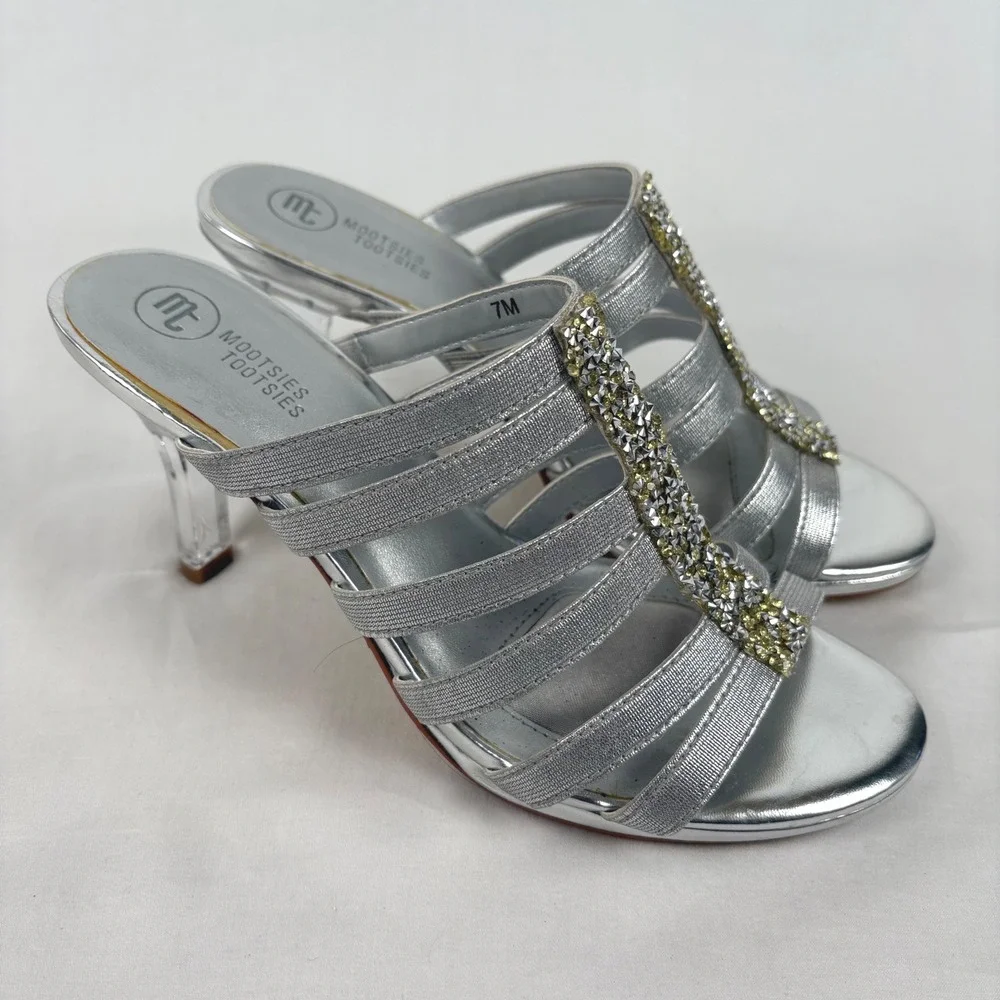 Mootsies Tootsies Harp Sandals 7M Silver Rhinestone Clear 3.5